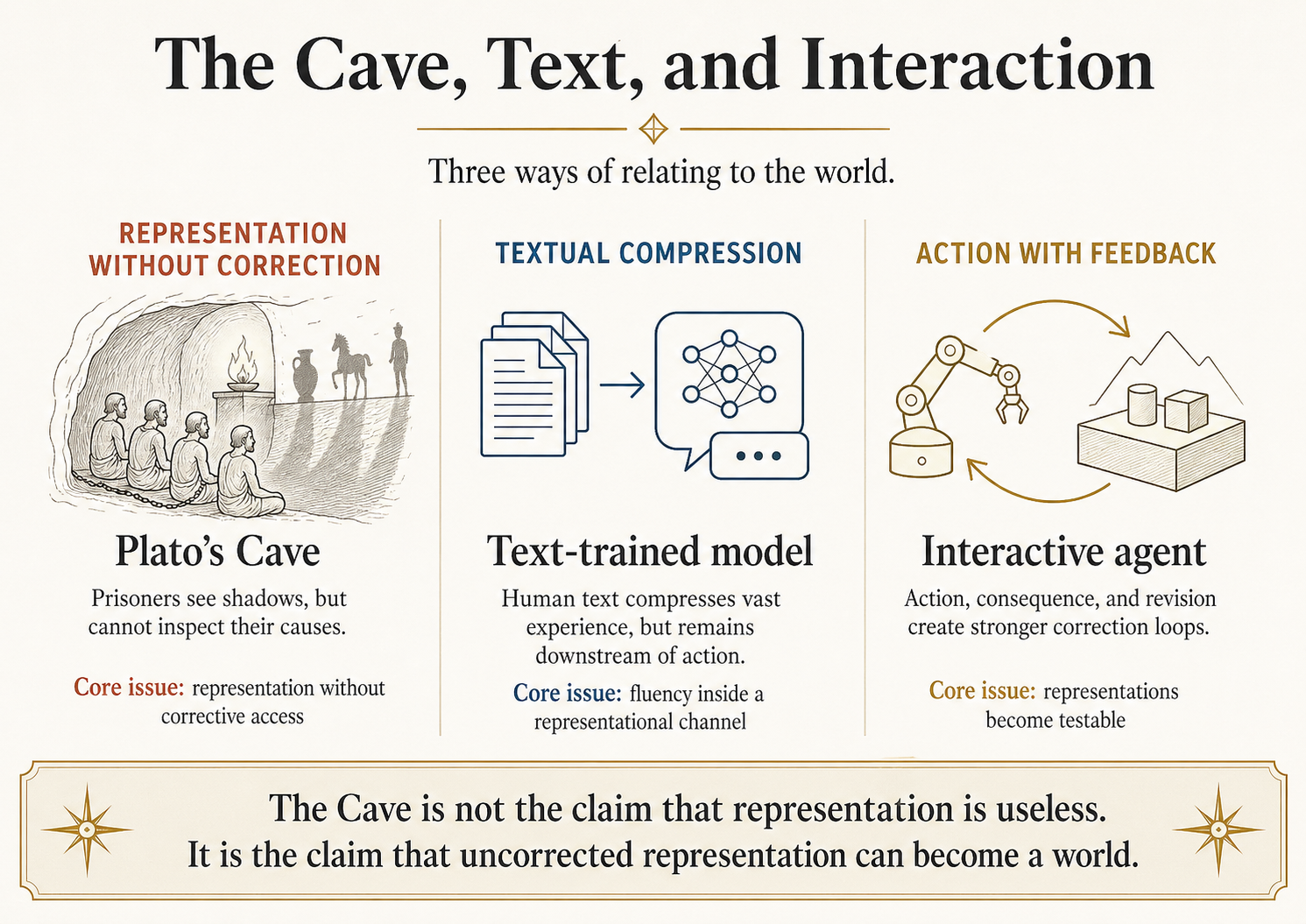 Three-panel infographic. Left: prisoners chained in a cave watching shadows on a wall. Middle: an LLM glyph trained on stacks of human-written records (text, code, papers). Right: an agent in an environment with feedback arrows looping between action, observation, and reward.